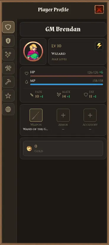 Character profile or equipment screen with avatar and gear