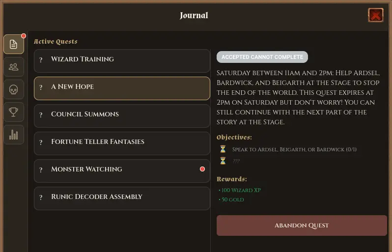 Journal quest log with active quests