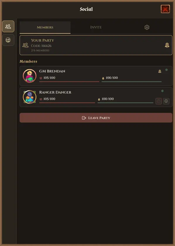 Party of players at a live event with party UI on a phone