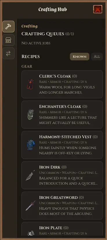 Station hub or crafting recipe UI